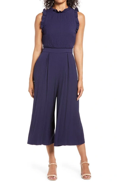 Vince Camuto Ruffle Wide Leg Jumpsuit In Navy