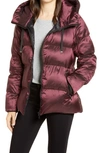 Sam Edelman Iridescent Water Repellent Hooded Puffer Jacket In Burgundy