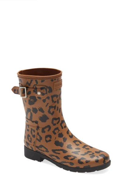 Hunter Original Leopard Print Refined Short Waterproof Rain Boot In Thicket/ Black Rubber