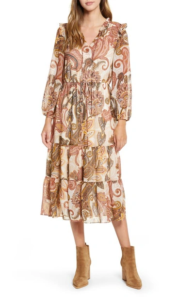Julia Jordan Long Sleeve Tiered Chiffon Midi Dress In Ivory Multi