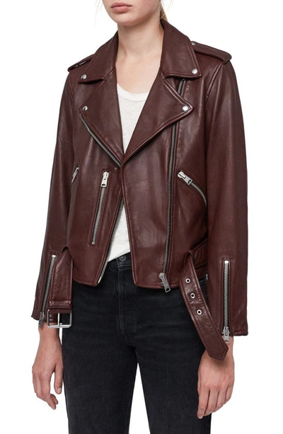 Allsaints Neve Quilted-shoulder Leather Biker Jacket In Oxblood Brown