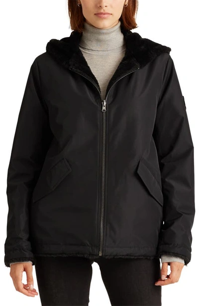 Lauren Ralph Lauren Reversible Faux Fur Hooded Jacket In Black