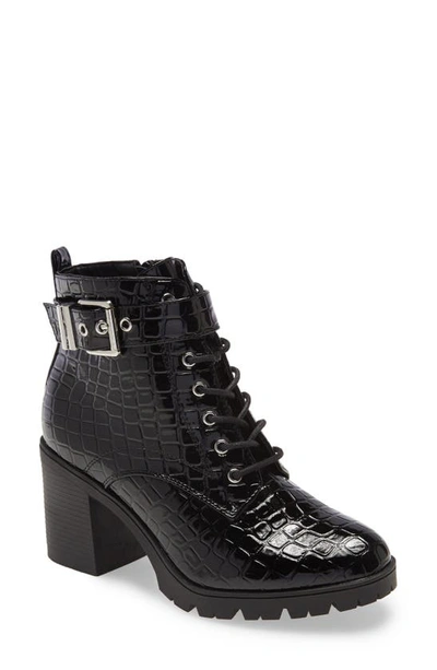 Topshop Broadway Croc Embossed Lace-up Boot In Black