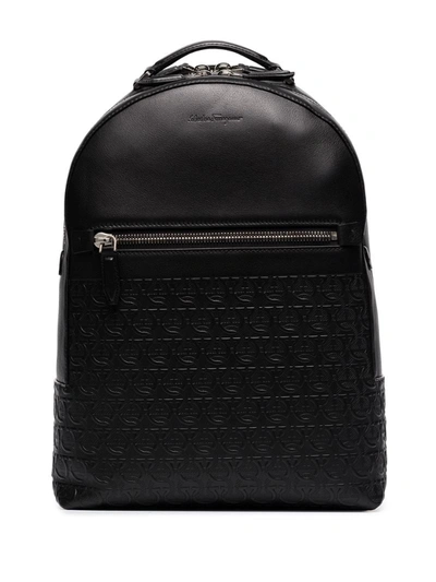 Ferragamo Black Gancini Embossed Leather Backpack