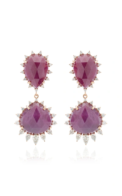 Kathryn Elyse Women's Halo 18k Rose Gold Ruby And Diamond Earrings In Purple