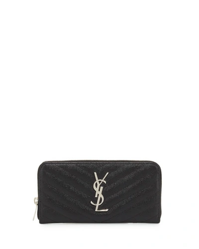 Saint Laurent Monogramme Grain De Poudre Zip-around Wallet In Black Silver