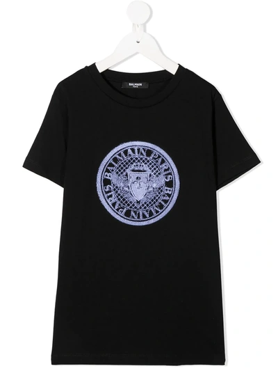 Balmain Teen Logo Embroidered T-shirt In Black