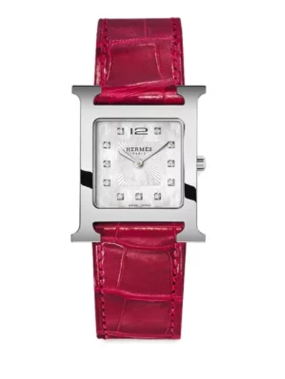 Hermes Heure H 30mm Diamond, Stainless Steel & Alligator Strap Watch In Red