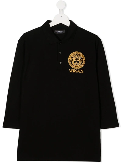 Young Versace Kids' Medusa Logo Embroidered Polo Top In Black