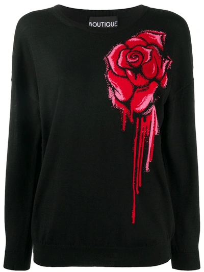 Boutique Moschino Rose-print Round-neck Jumper In Black