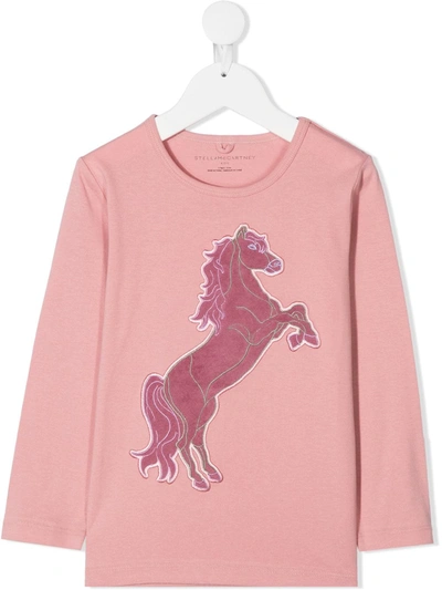 Stella Mccartney Kids' Horse-patch Long-sleeve T-shirt In Pink