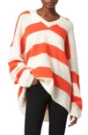 Allsaints Lou Stripe V-neck Sweater In White/flame Red
