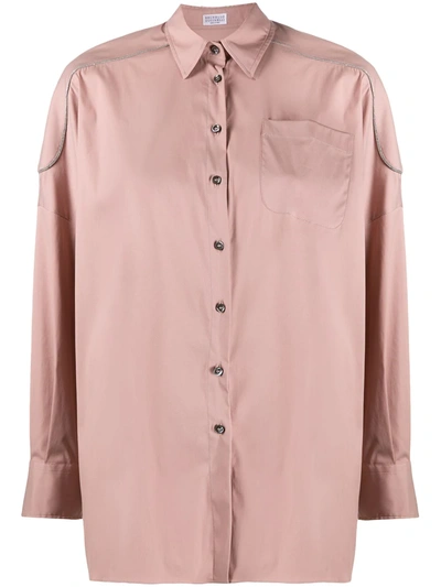 Brunello Cucinelli Embellished One Pocket Shirt In Pink
