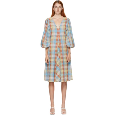 Ganni Gathered Gingham Cotton-blend Seersucker Dress In Yellow,pink,light Blue