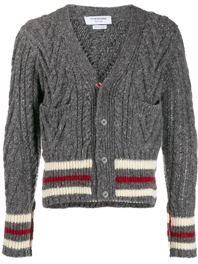 Thom Browne Striped Wool-bend Cable-knit Cardigan In Grey