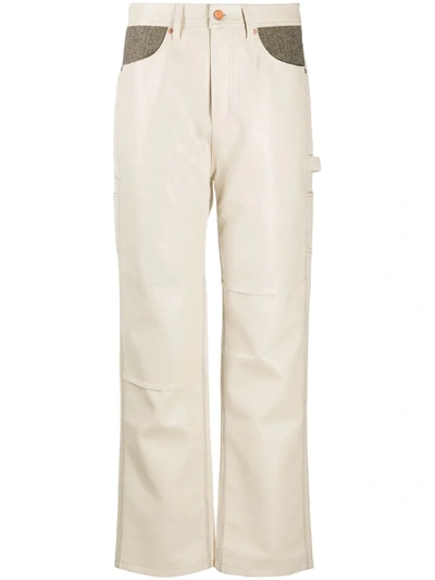 Andersson Bell Mabel Vegan Leather And Herringbone Wool-blend Straight-leg Pants In Cream