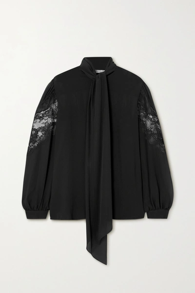 Givenchy Pussy-bow Lace-trimmed Silk-chiffon Blouse In Black