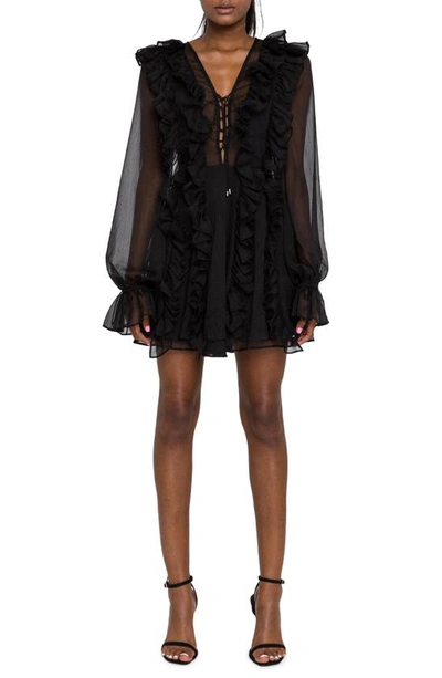 Endless Rose Ruffle Tie Front Long Sleeve Minidress In Black