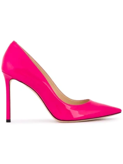 Jimmy Choo Romy 100 Shocking Pink Neon Patent Pointy Toe Pumps