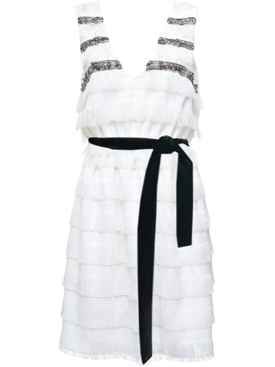 Pinko Chain Embellished Fringed Panel Dress In White