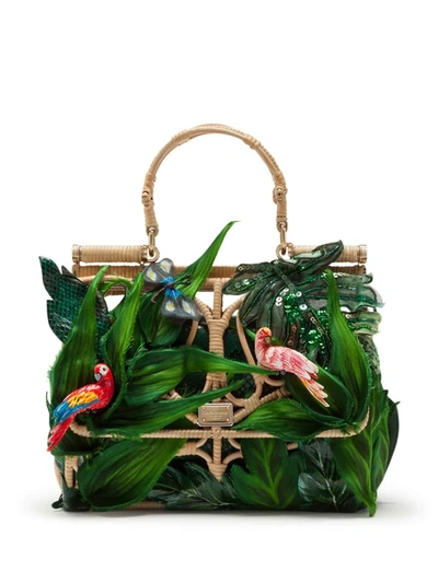 Dolce & Gabbana Sicily Bag In Wicker With Jungle Appliqué In Green