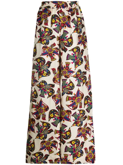 La Doublej Palazzo Bird-print Silk-twill Trousers In Piccolo Dove