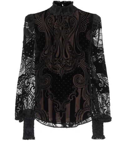 Balmain Shirred Devoré-velvet Blouse In Black