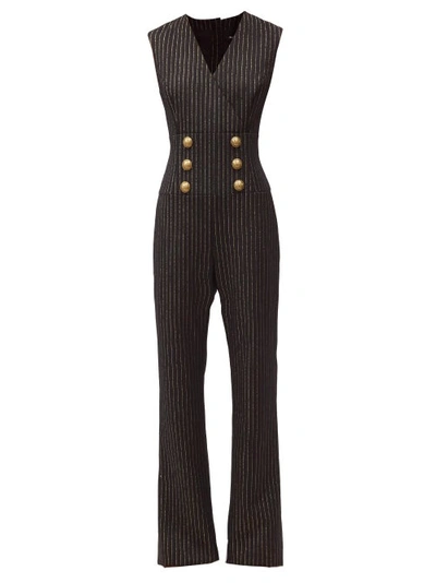 Balmain Crest Button Pinstriped Wool-blend Jumpsuit In Black