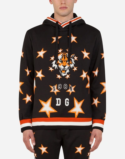 Dolce & Gabbana Jersey Hoodie With Tiger Print And All Over Dg In Multicolor