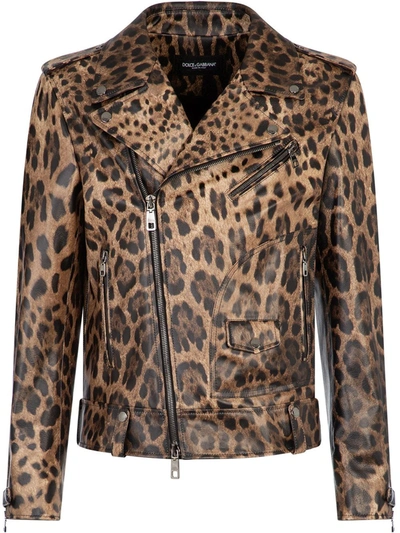 Dolce & Gabbana Lambskin Leather Jacket With Leopard Print In Animal Print
