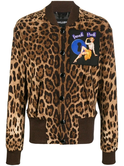 Dolce & Gabbana Leopard Print Jacket In Stretch Cady With Patch In Brown,black,beige