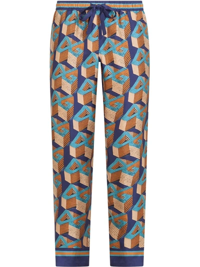Dolce & Gabbana Silk Pyjama Trousers With All-over Dg Print In Blue