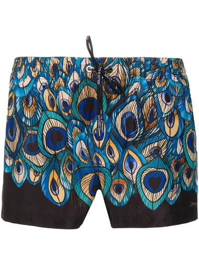 Dolce & Gabbana Short Swim Trunks With Feather Print In Blue