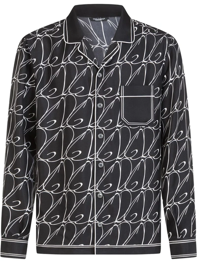 Dolce & Gabbana Silk Pajama Shirt With All-over Dg Print In Black
