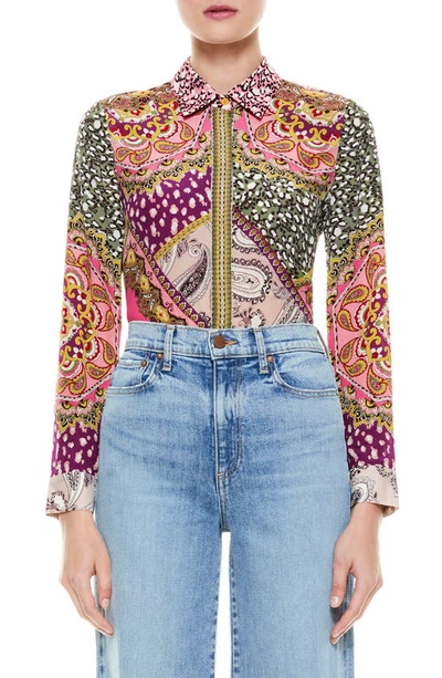 Alice And Olivia Alice + Olivia Willa Mixed Print Blouse In Desire Multi/ Combo