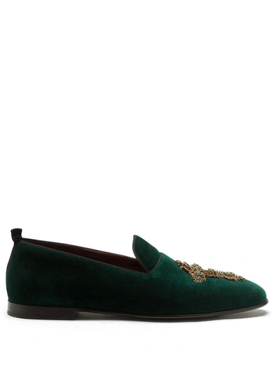 Dolce & Gabbana Velvet Slippers With Embroidery In Green