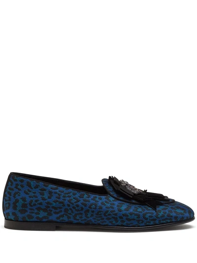 Dolce & Gabbana Leopard-design Jacquard Slippers With Patch Embellishment In Blue