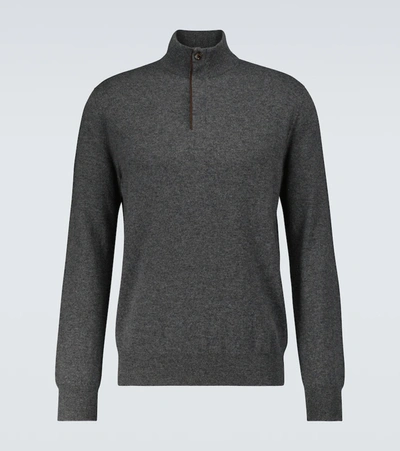 Ermenegildo Zegna Suede-trimmed Mélange Cashmere Half-zip Sweater In Grey
