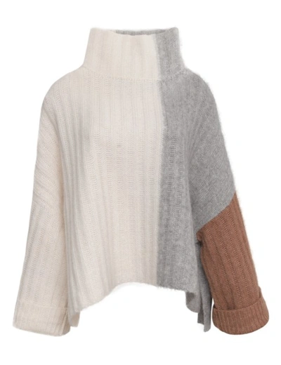 Eleven Six Colorblocked Ribbed Knit Poncho In Ivory/grey/camel Combo