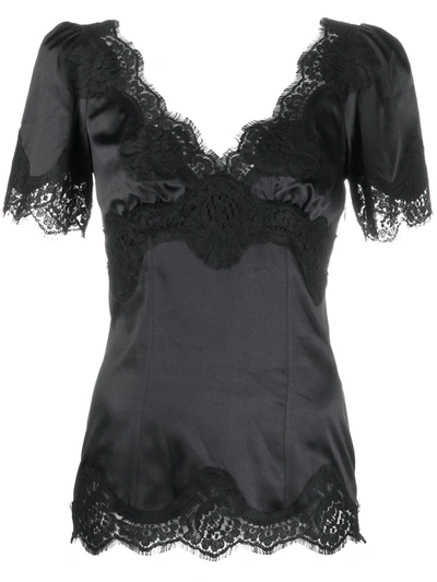 Dolce & Gabbana Lace-trimmed Silk Satin Top In Black