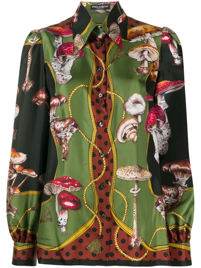 Dolce & Gabbana Mushroom Print Shirt In Twill In Green