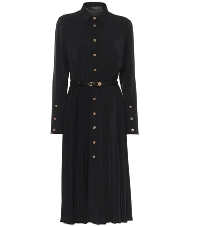 Versace Pleated Shiny Jersey Shirt Dress In Black
