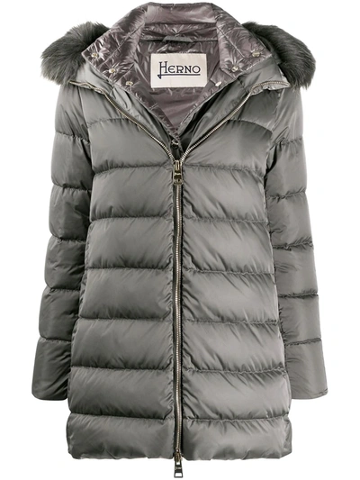 Herno Feather Down Padded Jacket With Faux Fur Trimmed Hood In Grey