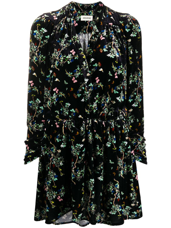 Zadig & Voltaire Reveal Floral Long Sleeve Velvet Dress In Black | ModeSens