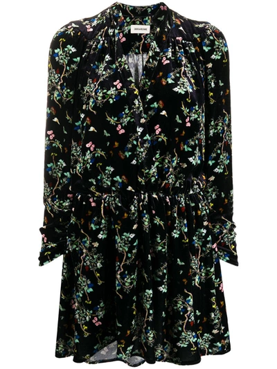 Zadig & Voltaire Reveal Floral Long Sleeve Velvet Dress In Noir