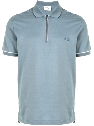 Ferragamo Zipped Polo Shirt In Blue