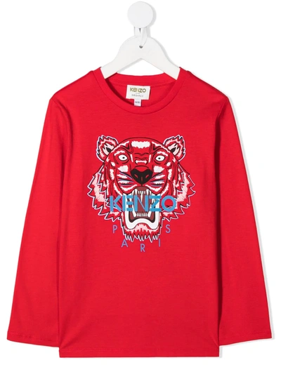 Kenzo Kids' Tiger Logo Print Longsleeved T-shirt In Red