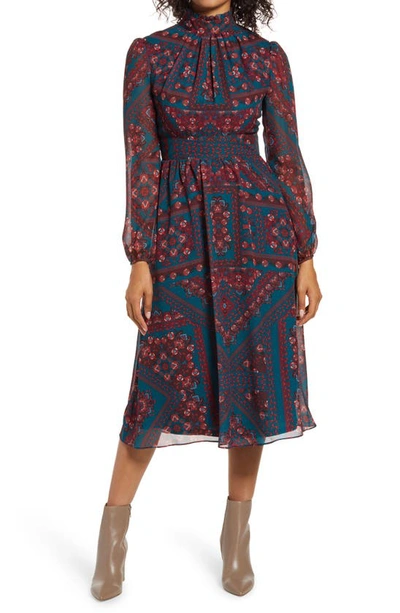 Julia Jordan Tile Print Mock Neck Long Sleeve Midi Dress In Teal Multi