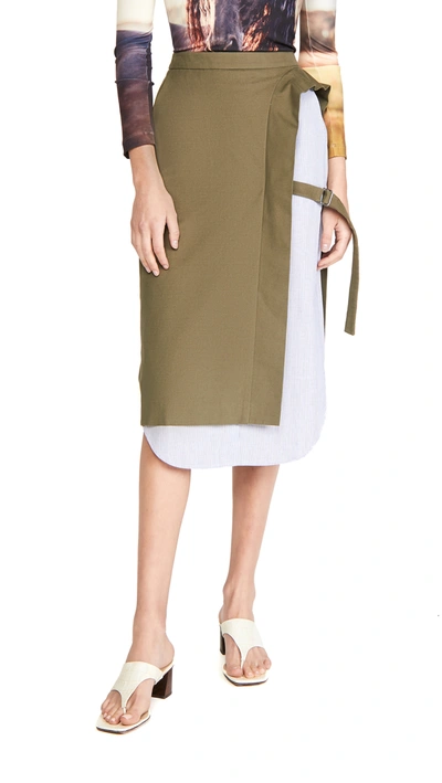 Pushbutton Layered Cotton Midi Skirt In Khaki
