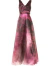 Marchesa Notte Long Sleeveless Printed Organza Gown In Plum